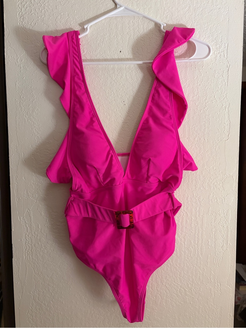 Magenta Pink Ruffled One-Piece Swimsuit with Belt